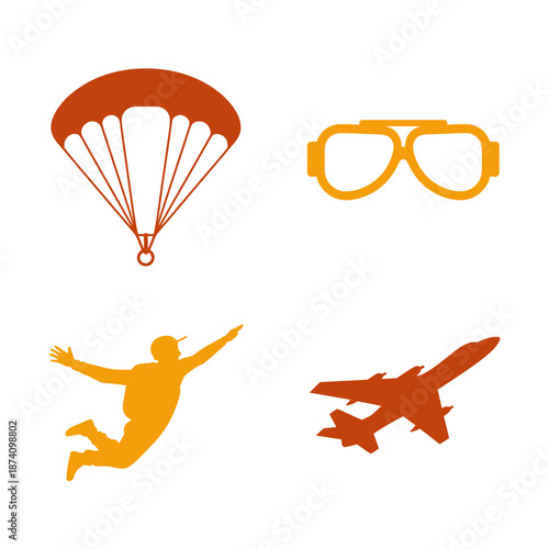 Collection of aviation and skydiving silhouettes with parachute canopy, pilot goggles, skydiver, and jet plane
