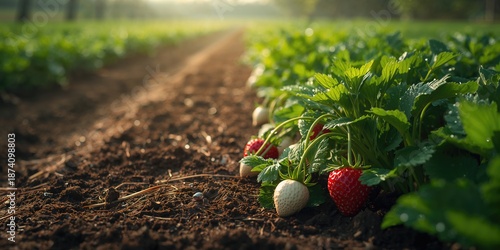 Row of strawberry and garlic plants in a vegetable garden for sustainable farming, World Food Day © AkuAku