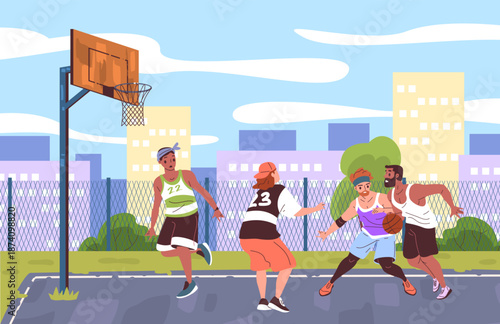 Outdoor basketball match. Basketball players playing game on street court playground, man throwing ball in basket hoop guys defense urban sport team, classy vector illustration