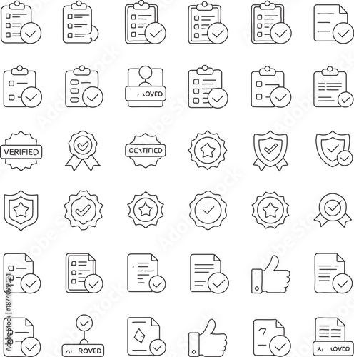 Approval, verification, and certification icon set featuring documents, badges, and seals. A comprehensive collection of line art icons depicting various concepts related to approval, verification