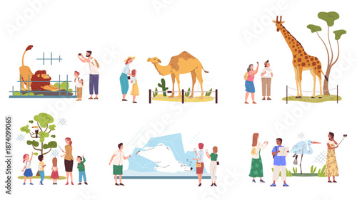 People in zoo. Family looking on exotic wild animals behind enclosure fences, parents kids summer weekend take selfie photo african savanna park visit, classy vector illustration
