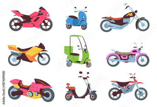 Cartoon motorcycles set. Motor cycle toys, different motorbike electric scooter moto bike city transport delivery or sport motorbike fast motorcycle, classy vector illustration