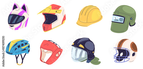 Cartoon helmets set. Helmet type, motorcycle bike protective visor football sport scooter motorbike for rider driver road race or building works hats, classy vector illustration