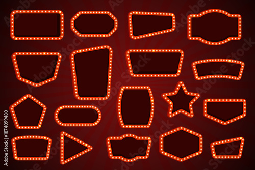 Retro cinema signboards. Vintage light box signages bulbs, movie theater vegas casino hollywood circus show theatre billboard night signboard frame shapes kicky vector illustration