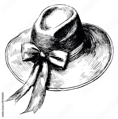 Hand drawn line art illustration of an elegant sun hat depicting vintage style for summer fashion