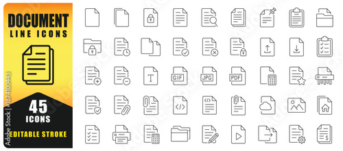 Document And Files Line Icon Set With Editable Stroke. Perfect For Web, App, UI And UX Design, File Management Systems, Cloud Services, Office Software And Digital Interfaces. Isolated Vector Icons.