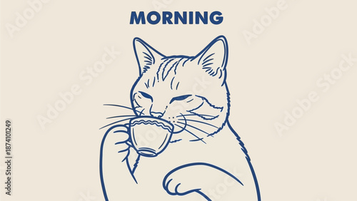Charming line art illustration depicting a relaxed cat peacefully enjoying a comforting morning beverage, evoking a serene and cheerful start to the day