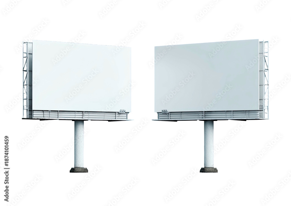 Obraz premium Two rectangular outdoor advertising billboards on tall cylindrical poles against black background