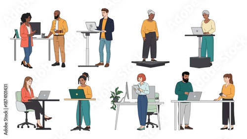 Diverse group of people working at standing desks in a modern office environment