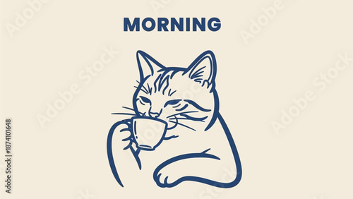 Whimsical illustration of a cat enjoying a warm cup of coffee on a relaxed morning, embodying a cozy and peaceful start to the day