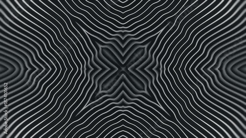 Monotone, hypnotic 4K animation. A symmetrical kaleidoscope of wavy lines creates a pulsating tunnel. This seamless background is ideal for VJs, music videos, and minimalist tech presentations