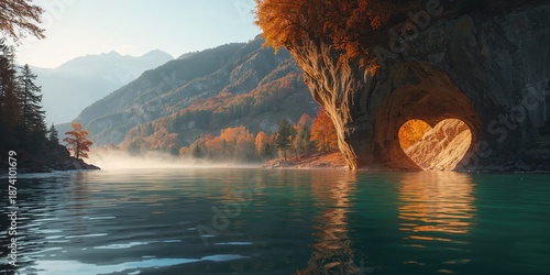 River flowing past a heart-shaped cave amidst vibrant mountain scenery, highlighting geological features