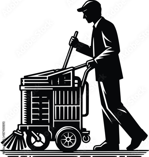 Man pushing cleaning cart