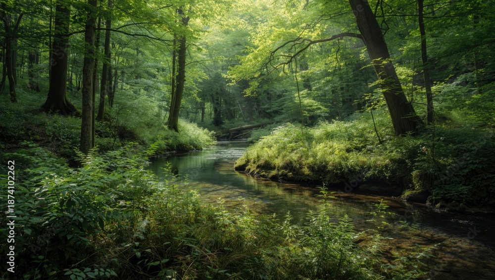 Obraz premium Deciduous forest with a gentle stream and sunbeams, landscape background for environmental awareness, Earth Day