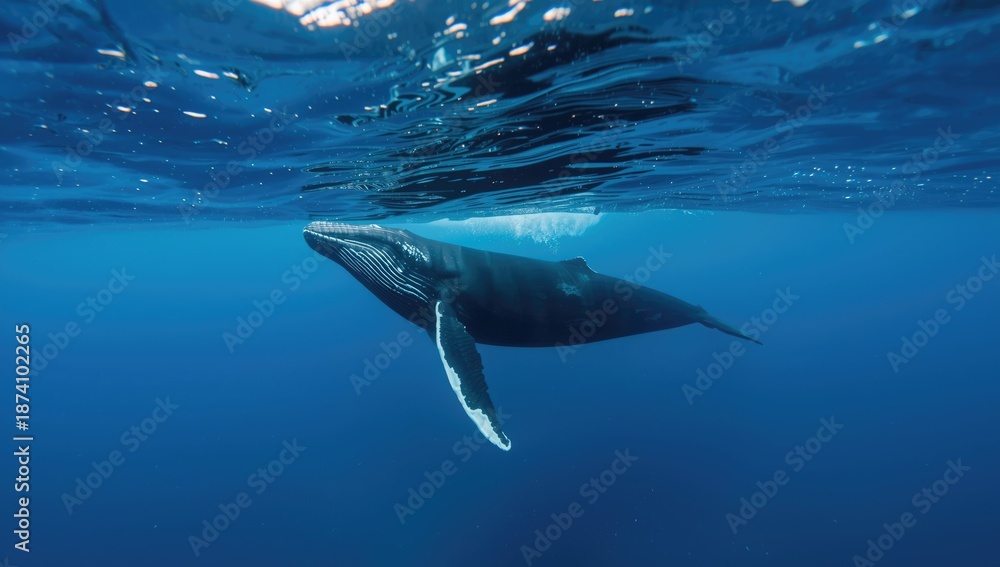 Fototapeta premium Humpback whale surfacing in open sea, natural migration behavior, World Ocean Day