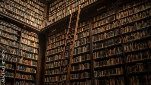 Grand Library Interior with Wooden Ladder Books Bookshelves Reading. Concept featuring library, books, wooden ladder, interior, bookshelves.