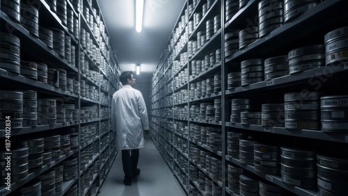 Scientist in Archive of Research Samples Laboratory Storage Containers. Concept featuring scientist, research, laboratory, archive, storage.