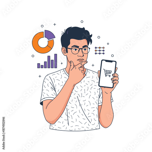 Man holding smartphone with shopping cart icon contemplating business strategy.