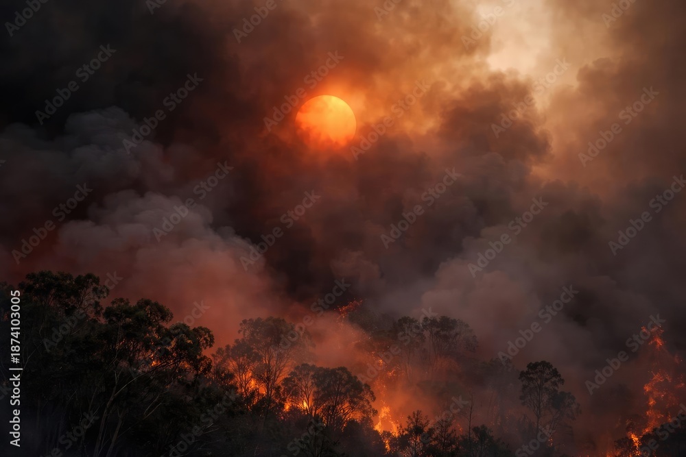 Fototapeta premium Glowing sun faintly seen behind thick smoke from catastrophic bushfires