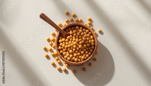 Soybeans displayed in a wooden bowl with a spoon, highlighting natural food preparation and healthy eating practices