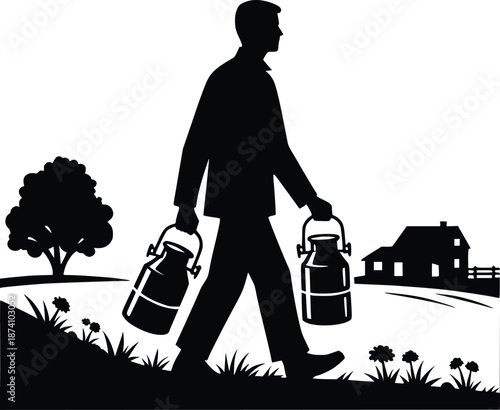 Man carrying milk jugs to house