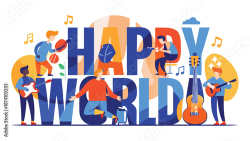 Colorful celebration of World Music Day with joyful people enjoying music together outdoors..eps