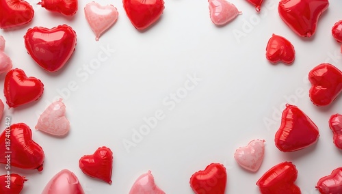 Valentines day flat lay featuring red and pink heart-shaped balloons on a white backdrop for festive designs