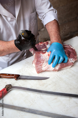 Meat cutting on a butcher's block