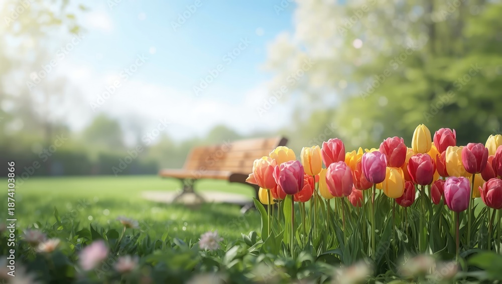 Fototapeta premium Vivid tulips in full bloom in a garden, used as a spring floral backdrop