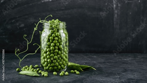 Glass jar filled with fresh green peas serving as a natural food storage solution in a culinary setting