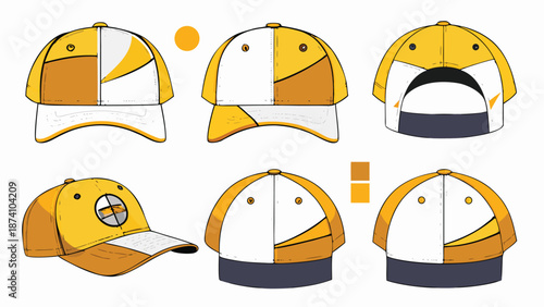 A collection of various hat and cap mockups displayed in different styles and colors on a neutral background..eps