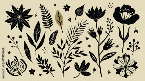 Artistic black and white sketch of flowers and leaves, highlighting intricate details and organic shapes..eps