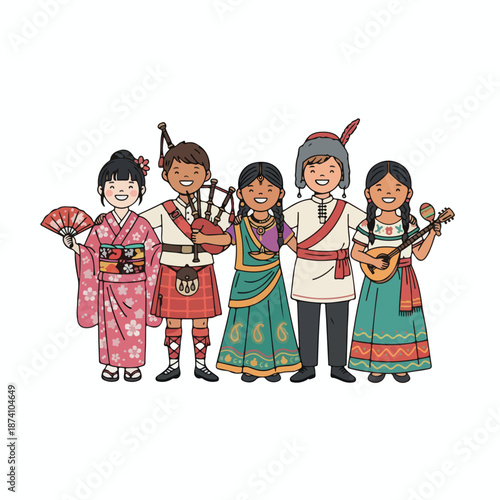 Diverse children in traditional folk costumes holding hands, multicultural friendship vector illustration isolated on white