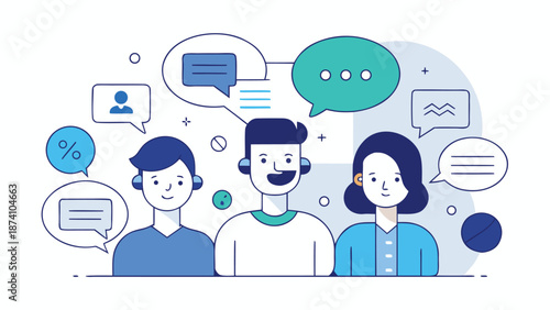 people engaged in conversation, illustrated with speech bubbles above their heads..eps