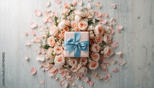 Blue satin bow adorns a gift box alongside rose flowers, used in elegant presentation and gift wrapping