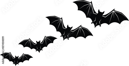 Black bat silhouette set with flying nocturnal animals for halloween party decoration isolated white background cad drawing flat vector illustration