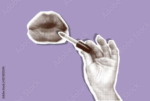 Lips and Lipstick Cut out Sticker Elements Set. Modern Retro Halftone Beauty Makeup concept