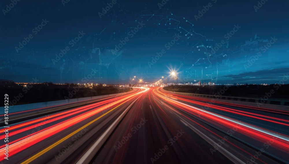 Obraz premium Blurred road scene with fast-moving traffic, highlighting transportation efficiency