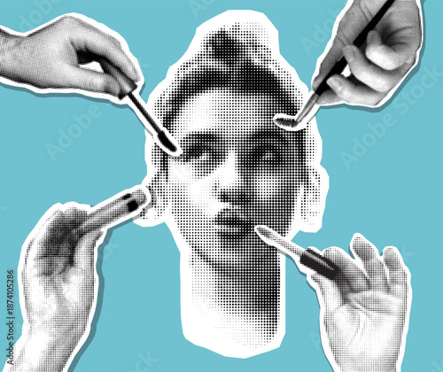 Hands doing makeup on girls face in Halftone style. Cut out make up concept