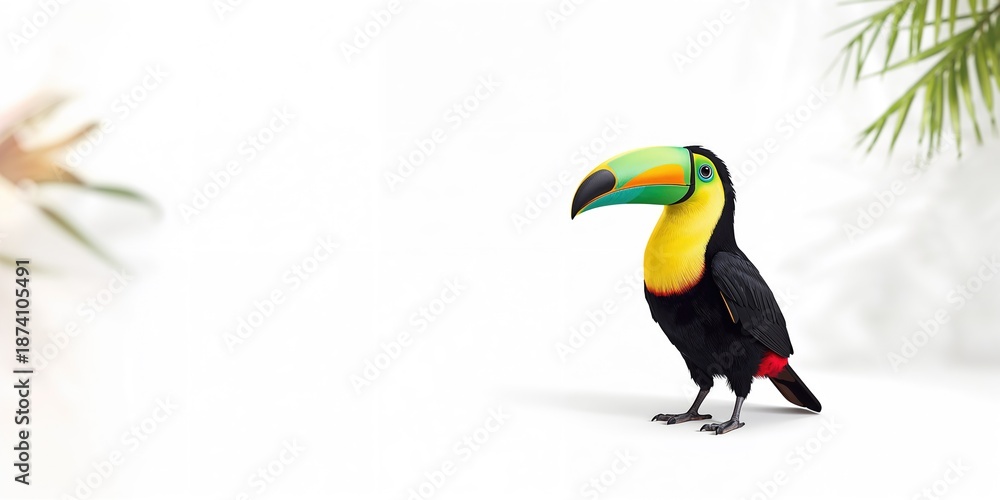 Naklejka premium Childrens illustration of a cheerful black toucan with vibrant beak and belly, suitable for educational materials, World Bird Day