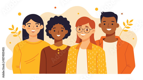 A collective of people adorned in yellow and orange attire, smiling and interacting in a festive environment..eps