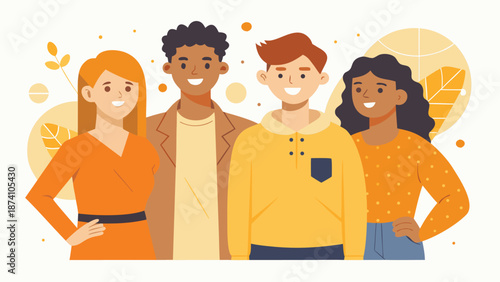 Several individuals dressed in vibrant yellow and orange outfits, gathered closely in a lively atmosphere..eps