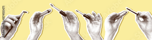 Beauty Makeup Cut out Stickers Set in Retro Halftone Stile on Yellow Background. Concept of hands holding Cosmetic tools