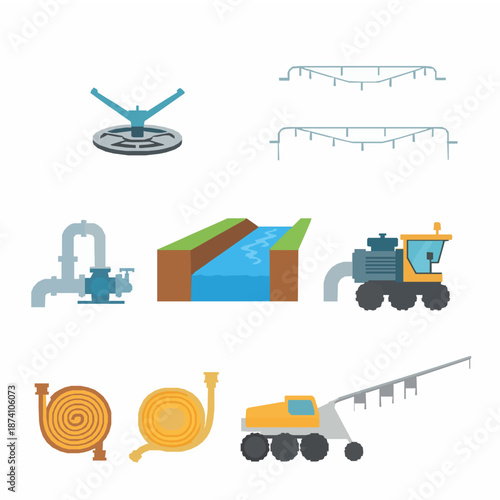 Farming irrigation systems vector illustration set with flat agricultural water equipment isolated on white