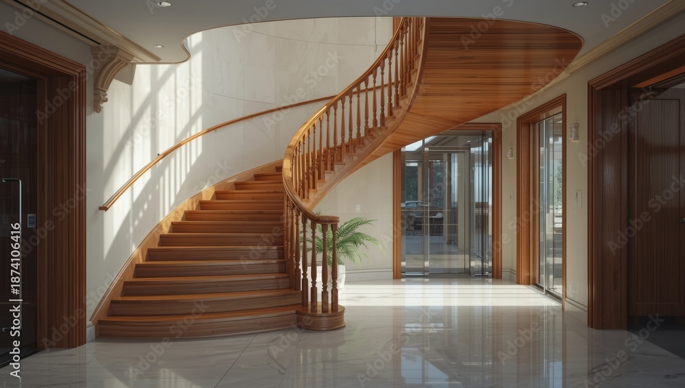 Obraz premium Building's interior hallway featuring stairs and elevator shaft, emphasizing safety and maintenance accessibility