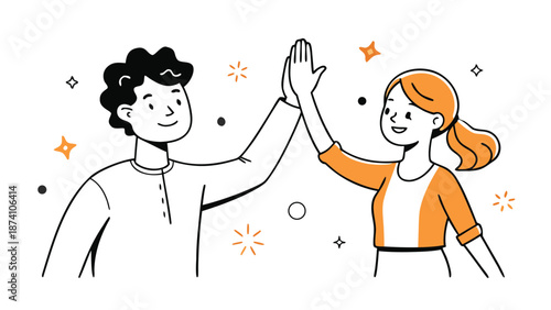 A joyful moment captured as a man and woman high five each other, expressing excitement and camaraderie..eps