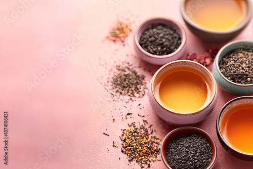 Assorted Teas In Small Bowls On Pink Background