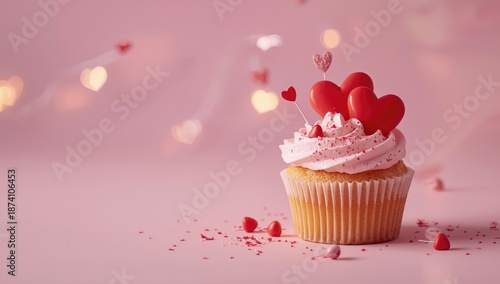 Tartlet topped with pink meringue and heart-shaped candies on a pink background, celebratory for Saint Valentines Day