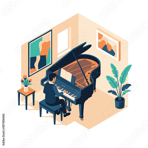 Man in Suit Playing Grand Piano in Isometric Room.