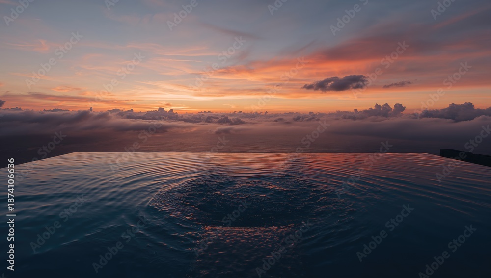 Fototapeta premium Sunset glow over a rooftop infinity pool, scenic views and tranquil atmosphere